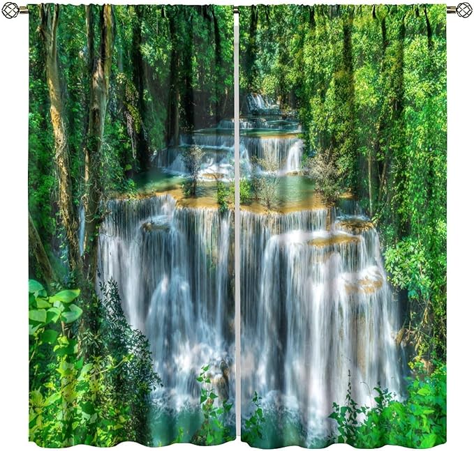 Scenic Nature Blackout Curtains, Natural Falls Landscape Forest Tree Waterfall Scenery Window Drapes, for Bedroom Living Room 42" W X 45" L