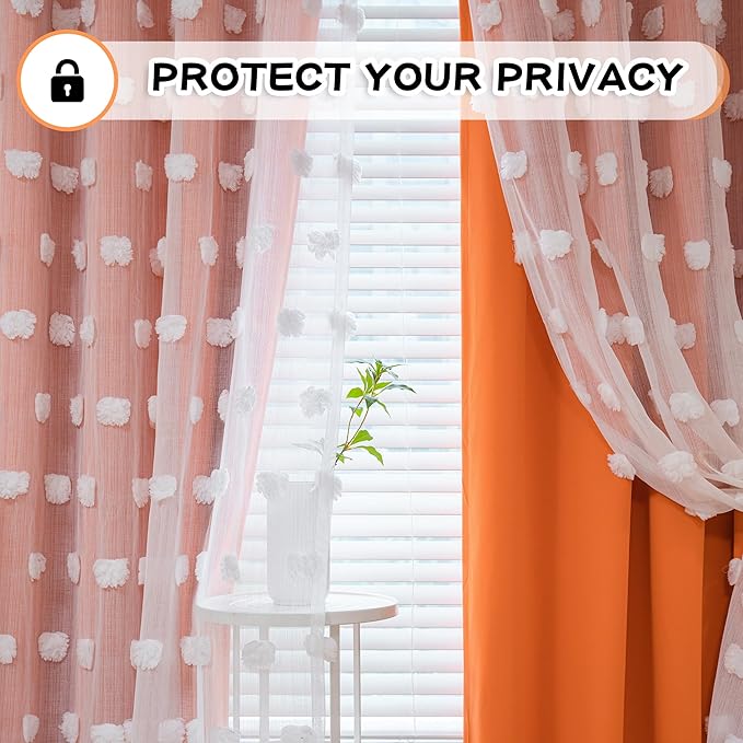 MYSKY HOME Bedroom Curtains Orange Blackout Curtains for Nursery Kids Room 63 Inch Long Double Layer Curtains for Daughter Room White Pom Pom Sheer Grommet Room Darkening Window Curtains, 52" x 63"