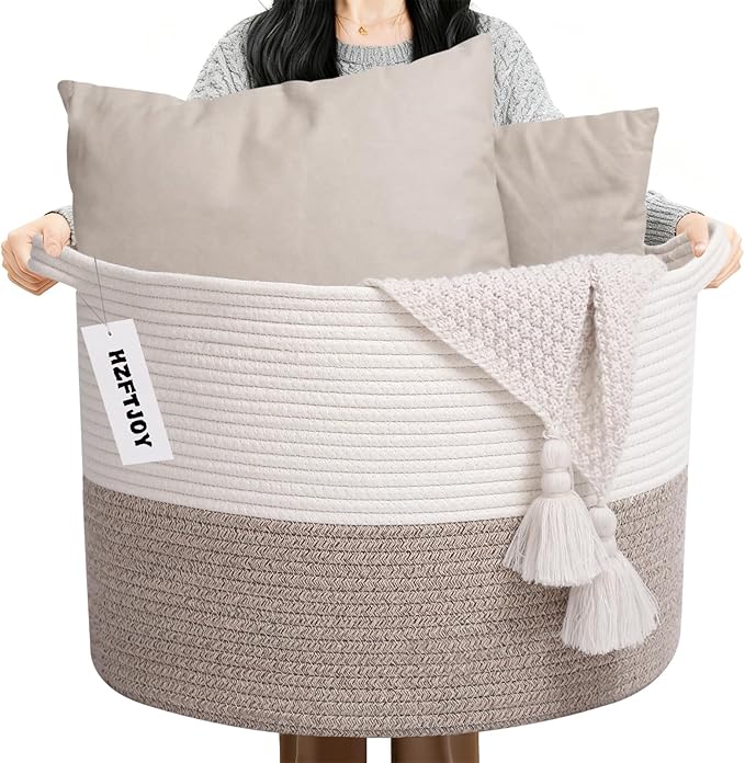 Large Blanket Basket for Organizing,65L Closet Organizers and Storage Bins Box for Shelves Woven Rope Storage Baskets,Living Room,Bedroom,Dorm,Laundry room (White&Brown)