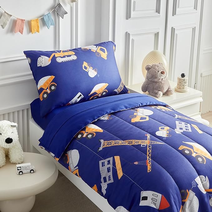 4 Pieces Construction Toddler Bedding Set for Boys Yellow Engineering Vehicle Toddler Bed Set with Bulldozer Tipper Truck Crane Cute Toddler Bed in a Bag with Sheet Set and Pillow Shams - Navy Blue