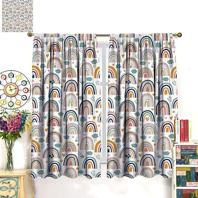 Kids Rainbow Curtains Boho Cartoon Colorful Stars Love Heart Lovely Abstract Art Pattern Print Window Drapes for Girl Bedroom Living Room Kitchen Decor,2 Panel Set,42Wx45H Inch Decor
