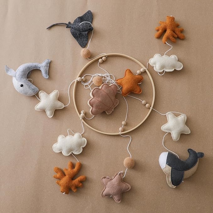 Baby Crib Mobile - Cartoon Toys Hangable Marine Animal Decoration for Nursery, Durable Soft Design with Rotating Bell, Baby Bed Ornament for Bassinet, Boys, Girls, Bedroom, Crib, 12x12x8 Inches