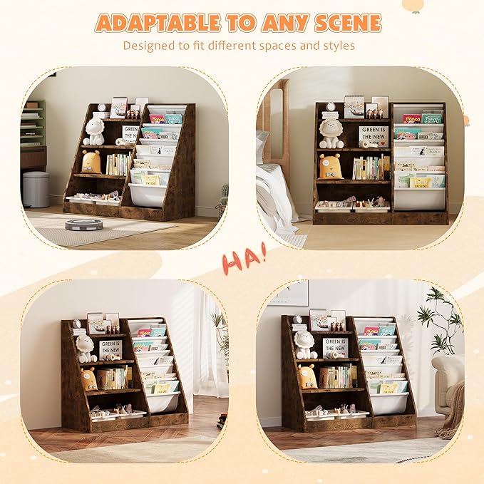 NACHES Montessori Kid Bookshelf Toddler Bookcase Cabinet Children Book Rack Display Toy Storage Organizer 4 Tier 5 Sling Deep Sleeves Classroom Bedroom Nursery Playroom Wood (Rustic)