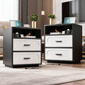 Nightstand Set of 2 with Charging Station, End Table with 2 Drawers Storage, Space-Saving Wood Storage Cabinet with Unique Base Design, Bedside Table for Bedroom, Living Room