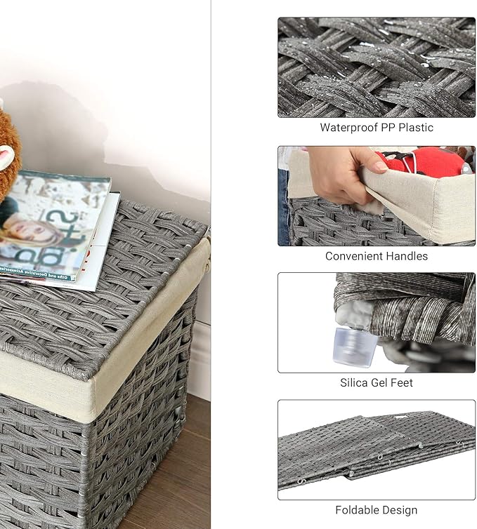 SONGMICS Storage Basket with Lid, 42.3 Gallon (160L) Storage Bin, Woven Blanket Storage Basket with Handles, Foldable, Removable Liner, Metal Frame, for Bedroom, Laundry Room, Gray URST76WG