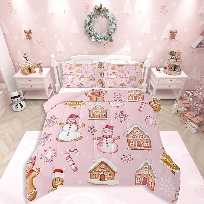 Feelyou Pink Christmas Kids Comforter Set Queen Size Snowman Bedding Set Gingerbread Man Duvet Quilt for Kids Boys Girls Bedroom Snowflake Candy Cane Decor Microfiber Ultra Soft Breathable