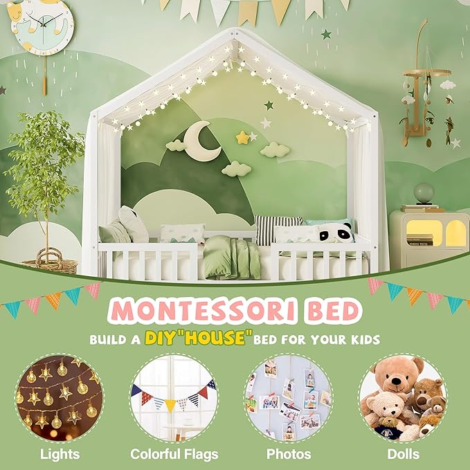 Montessori Floor Bed with Canopy, High Railings and Roof, Full Size Wood House Bed Frame for Kids Bedroom (White/C)