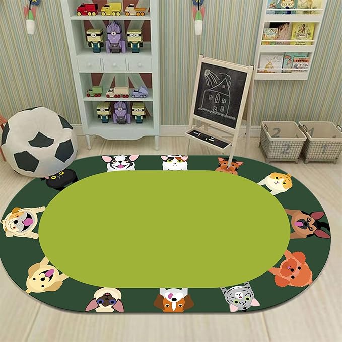 Cat and Dog Kids Area Rug, 5x6ft, Children's Pet Print Oval Rugs, Children's Educational Learning Animal Play Mat for School Classroom, Non-Slip Washable Green Carpet for Nursery Bedroom