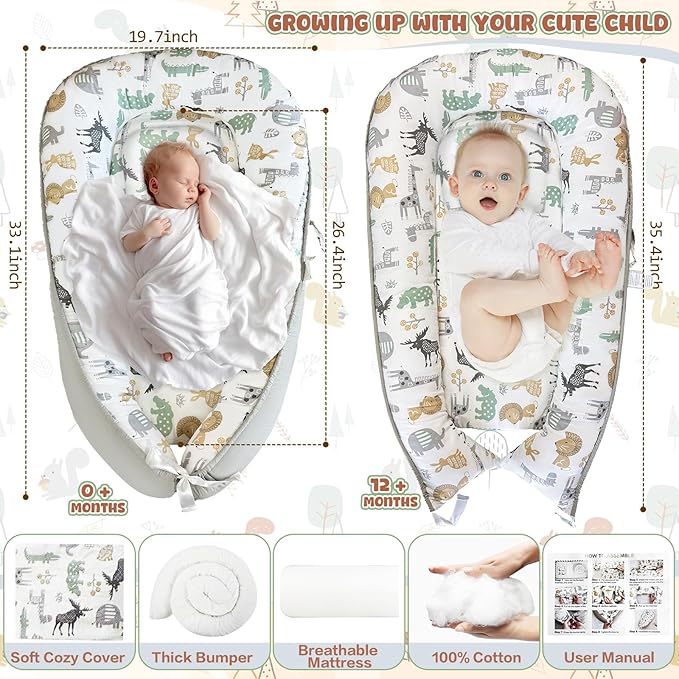 JIFTOK Baby Nests Lounger for Newborn, Snuggle Sleeping Bassinet for 0-24M, Breathable Portable Co Sleeping Bed, Baby Essentials Adjustable Infant Soft Cotton Loungers for Home & Travel -Zoo