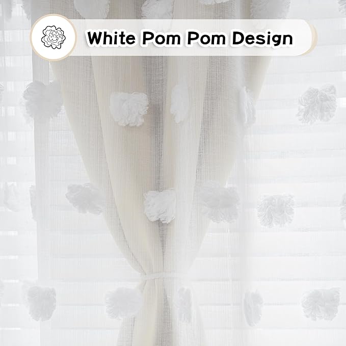 MYSKY HOME Beige Curtains for Living Room 90 Inches Long Nursery Curtains for Bedroom Double Layer Curtains White Pom Pom Sheer Curtains for Dining Room Grommet Room Darkening Window Panels W52 X L90