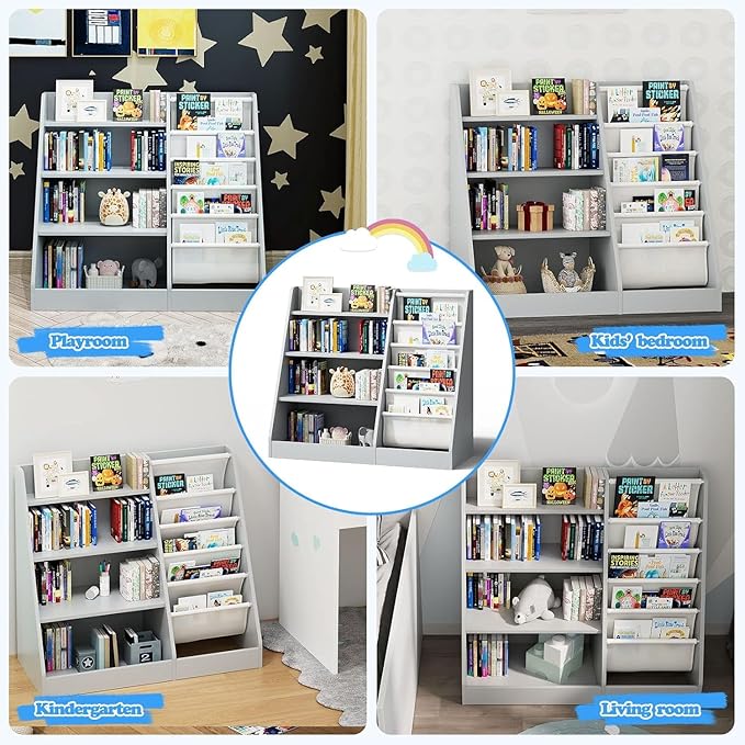 NACHES Montessori Kids Bookshelf Fabric Sling Pockets & Open Shelves – Front Facing Toddler Book Display and Toy Storage Organizer for Nursery Playroom or Bedroom 35" Wide (Gray, Middle)