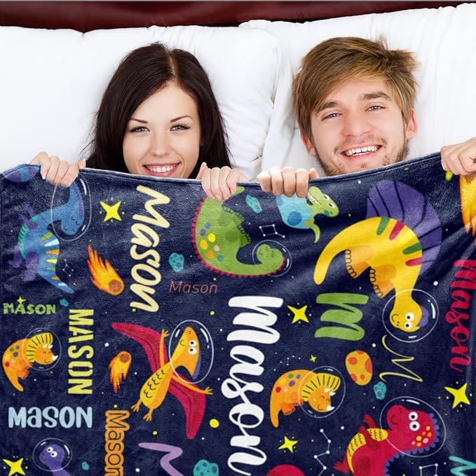 Personalized Dinosaur Blanket for Boys, Custom Name Blanket for Teen Dino Outspace, Soft Flannel Dinosaur Toddler Blanket Customized Gift for Birthday 50"x60"
