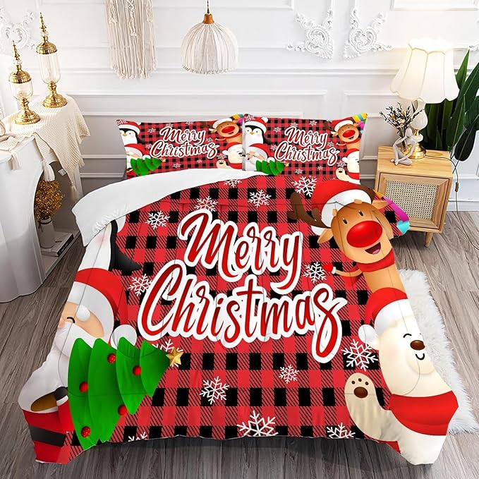 Christmas Comforter Set Queen Size Black and Red Plaid Bedding Sets Xmas Gift Christmas Themed Festival Winter Quilt Set,1 Comforter + 2 Pillow Cases