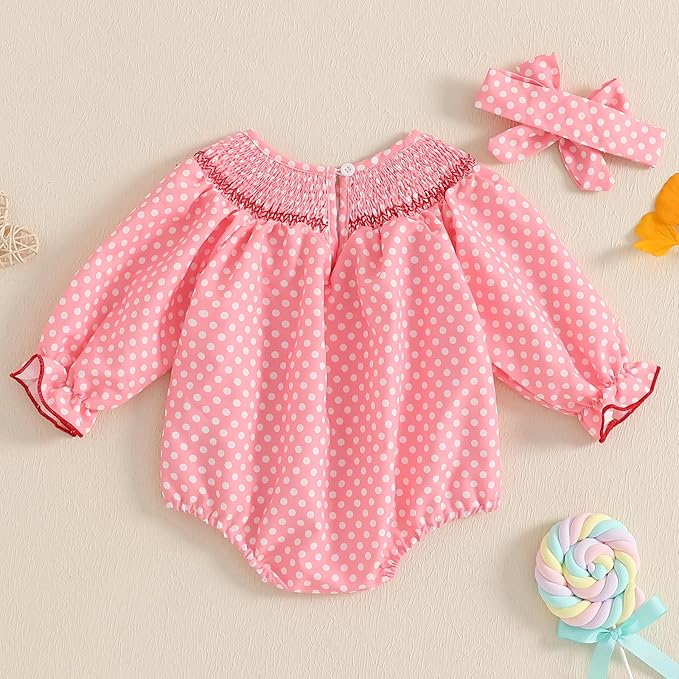 Amiblvowa Baby Girl Valentines Day Outfit Embroidery Love Heart Smocked Bubble Romper Bodysuit Cute Infant Newborn Clothes