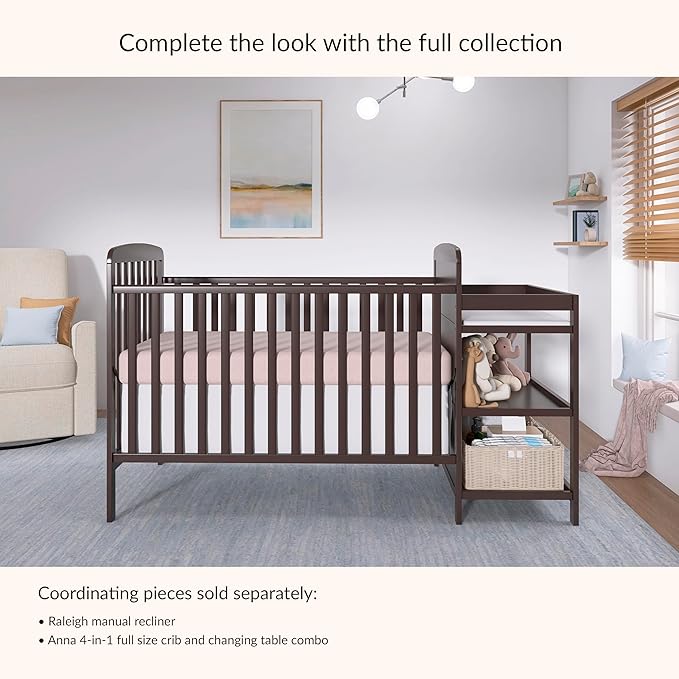 Dream On Me Anna 4 in 1 Full Size Crib and Changing Table Combo in Chocolate Chip, Greenguard & JPMA Certified, Converts from Baby Crib to Toddler Bed and Day Bed