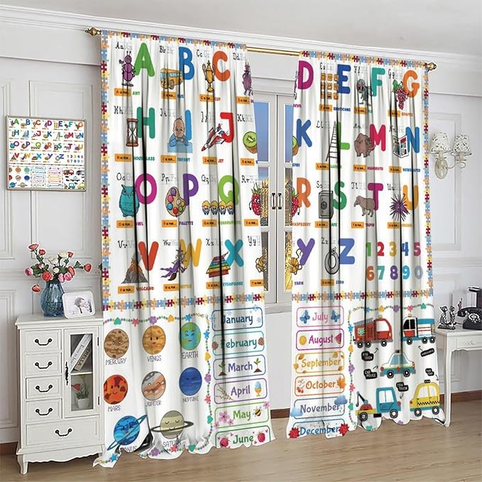 Alphabet Curtain for Kids Room ABC Letter Educational Learning Animal Number Printed Rod Pocket Blackout Window Drapes for Bedroom Playroom Classroom 52" W X 84" L