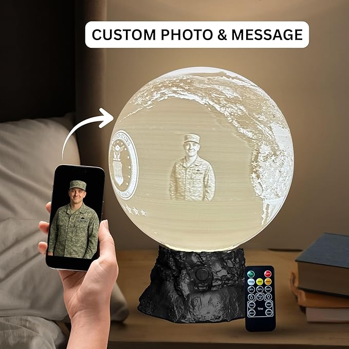 Personalized Air Force Custom Moon Lamp – Custom Military Moon Light with Photo & Text | USAF Veteran Gift for Airmen & Military Families | 3D Printed Night Light with U S Air Force Logo