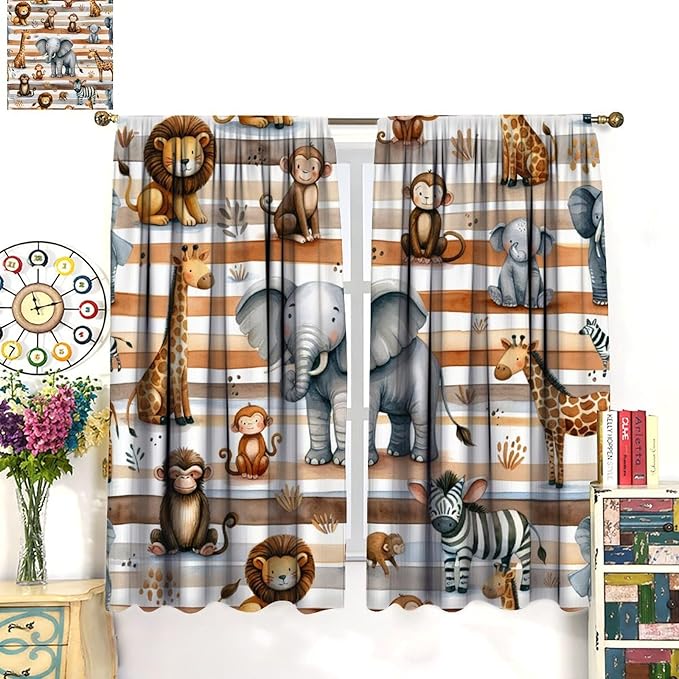 Kids Animal Curtains Elephants Giraffes Monkeys Lions Zebras Window Treatment for Kids Boys Girls Nursery Baby Bedroom Playroom Home Decor Window Drapes 52" W X 84" L