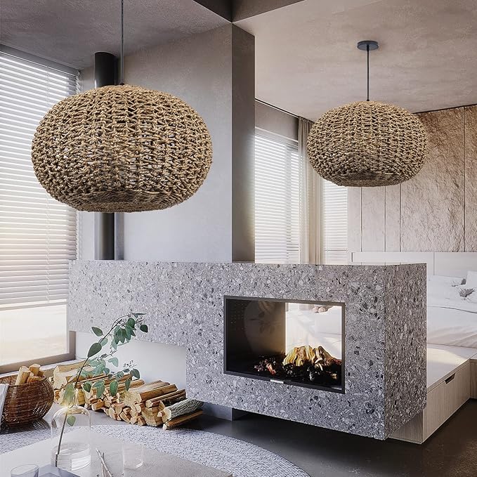 Arturesthome 1 Light Handwoven Boho Pendant Light, Rattan Wicker Hanging Ceiling Lighting Weave Chandelier Lamp Shade for Kitchen Island Restaurant Craft Room