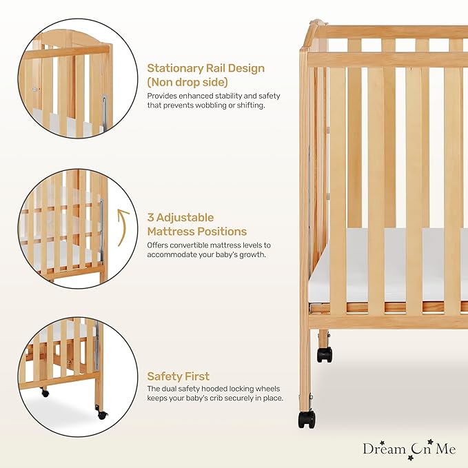 Dream On Me 3-in-1 Portable Folding Stationary Side Mini Baby Crib in Natural & Mattress, GreenGuard Gold & JPMA, Use as Changer & Playpen, Locking Wheels, 3 Mattress Heights, Extra Firm Mattress