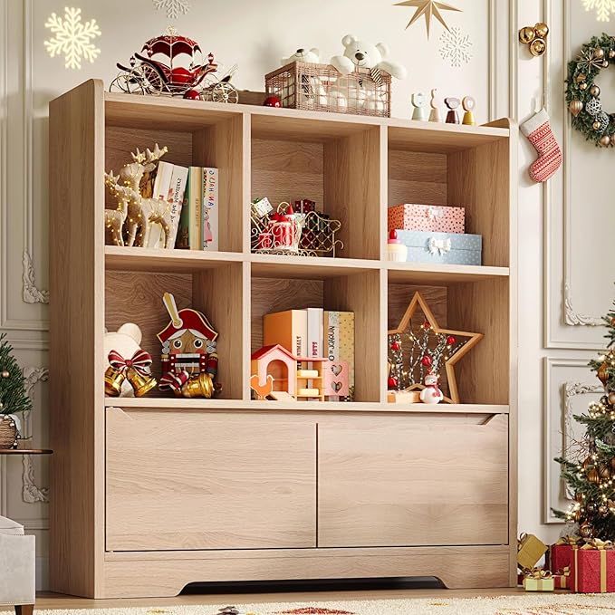 Kids Bookshelf and Toy Organizer, 2 Tier Kids Book Shelf for Kid Rooms with 2 Doors, 6 Cubes Storage Organizer,Wood Children Bookcase,Freestanding Toddler Book Display Shelf for Playroom