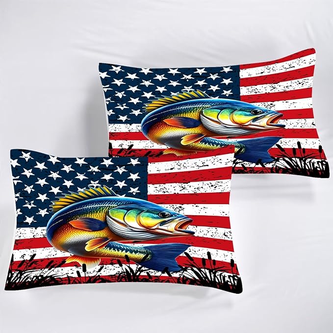 American Flag Comforter Set Full/Queen Size Bass Fish Bedding Set for Men Boys Teens Fishing Lover Bedroom Fisherman Farmhouse Bed Set Wild Quilted, 1 Comforter 2 Pillowcases