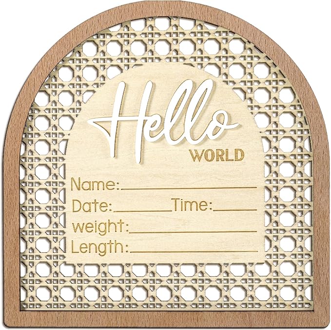 Baby Announcement Sign, 5.5in Wooden Arched Baby Shower Welcome Sign, Hello World Newborn Welcome Signs Birth Name Tag, Can be Used for Photo Props, Nursery, Newborn Gift