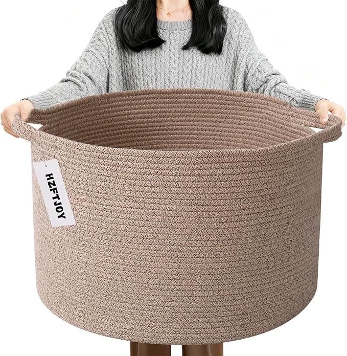 Large Blanket Basket for Organizing,65L Closet Organizers and Storage Bins Box for Shelves Woven Rope Storage Baskets,Living Room,Bedroom,Dorm,Laundry room (Brown)
