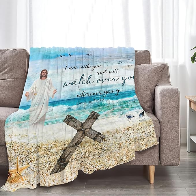 Tijuboni Christian Religious Jesus Throw Blanket Ocean Beach Gifts for Women Men Girls Boys Kids Adults Soft Flannel Fleece Blanket for Couch Sofa Bed Home Decor 40"x50"