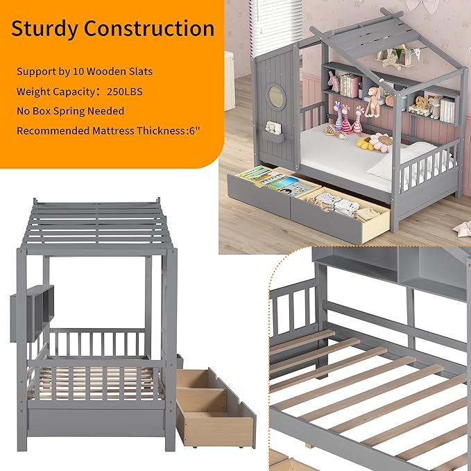 Linique Wooden Twin Size House Bed with 2 Drawers and Storage Shelf,Twin Platform Bed Frame with Pitched Roof,Gray