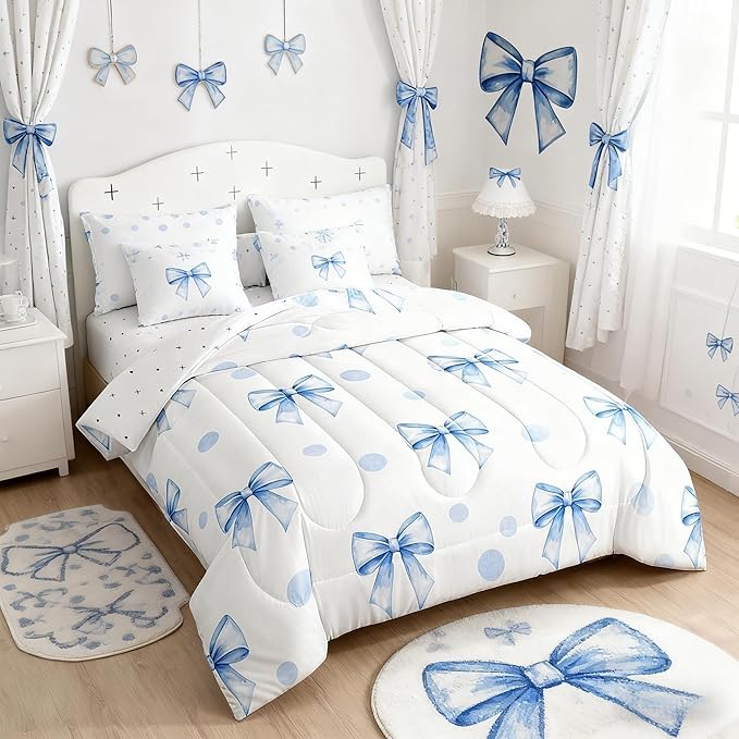 7 Pieces Blue Bowknot Kids Comforter Queen Size,Geometric Dots Bow Tie Patchwork Romantic Bedding Set,Bow Knot Princess Cute White Chic（Comforter+Fitted+Flat+2 Pillowcases+2 Throw Pillow Covers）