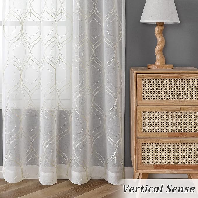 VISIONTEX White Sheer Curtains 72 Inches Long 2 Panels Set Beige Moroccan Embroidered Curtains Trellis French Textured Rod Pocket Voile Tulle Semi Window Drapes for Bedroom Living Room 54 x 72 Inches
