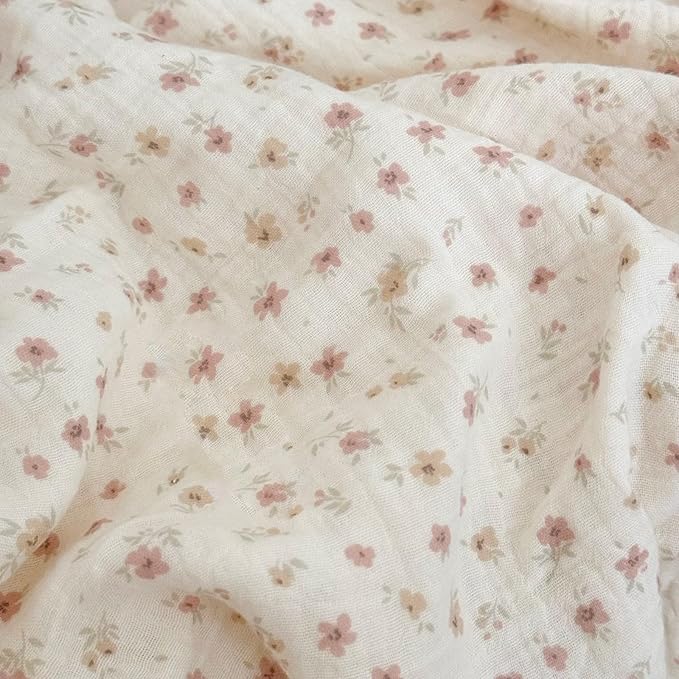 BuLuTu Double-Layer Cotton Muslin Duvet Cover Queen Size, Chic Shabby Princess Ruffled Quilt Cover 90"x90", Pink Floral Print Bedding Comforter Cover with Zipper, No Pillowcase
