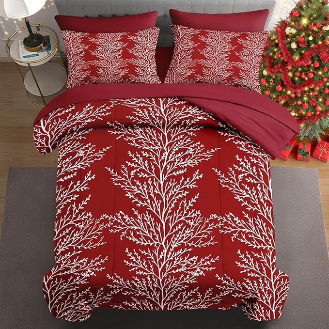 7 Pcs King Size Christmas Comforter Set with 2 Pillowcases & 2 Shams, Red Botanical Bedding for Kids and Adults, Winter Tree Branch Bed in a Bag with Flat Fitted Sheet