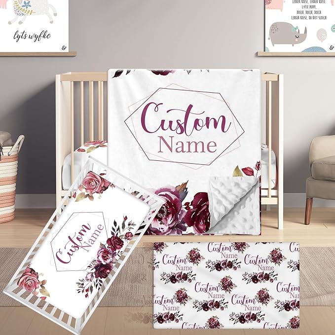 Custom Name Crib Bedding Set, 3 Pcs Personalized Baby Crib Bedding Set, Soft Red Rose Nursery Crib Sets for Boys Girls, Double Layer Toddler Bedding Set Customized Gifts for Newborn Kids