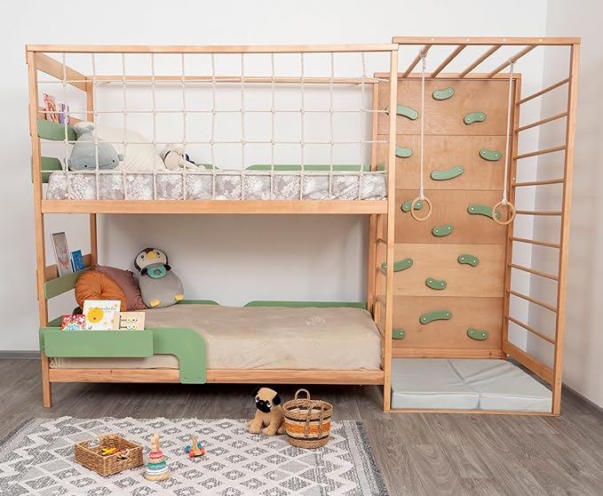 BUSY WOOD Montessori Floor Bed with Rails - Kids Twin Bunk Bed with Storage - Gym Complex for Kids - Jungle Gym Bedframe (BunkBed+Table+2 Drawers (Half-Depth))
