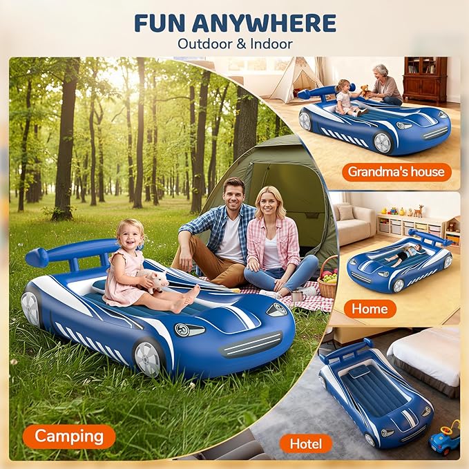 Inflatable Toddler Travel Bed - Kids Air Mattress with Car Design,Toddler Blow Up Mattress for Baby Camping, Travel, Hotel, Grandma's Sleepovers or Home Use, Includes Electric Pump