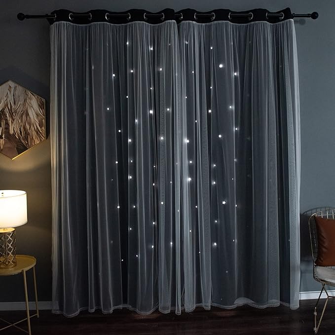 Kinryb Kids Blackout Curtains for Bedroom/Living Room/Classroom, Sheer Overlay Extra Long 2 Panel Set, Double Layer Curtains with Star Cutout for Kids Room(W 52 x L 108 Inches,Black 2 Pcs)