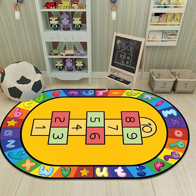 Kids Hopscotch Area Rug, 4x5ft, Playmat for Boys & Girls, Alphabets and Numbers Educational Learning & Fun Game Oval Rug, Soft Non-Slip Machine Washable Rug for Playroom Classroom Nursery