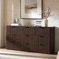 Fluted 9 Drawer Dresser for Bedroom, 63" Wide Modern Chest of Drawers with Faux Marble Top, Curved Corners Design, Wooden Dresser TV Stand with Organizer Storage for Living Room (Dark Oak, 63" W)