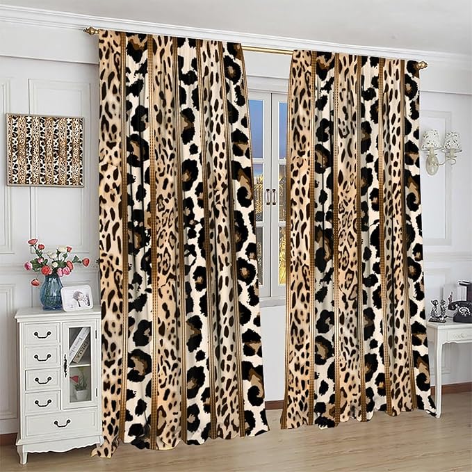 Leopard Curtains, Cheetah Wild Animal Geometric Stripe Wildlife Theme Window Drapes for Bedroom Living Room 63" W X 72" L
