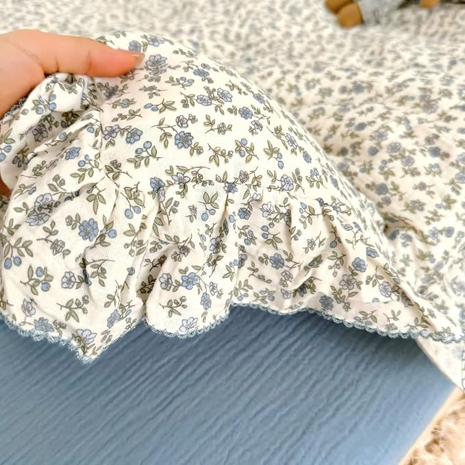 BuLuTu Blue Floral Print Duvet Cover Full Bed Comforter Cover 79"x90", Cotton Muslin Quilt Cover with Ruffles Chic Princess Bedding Duvet Cover with Zipper, No Pillow Cases/Filling