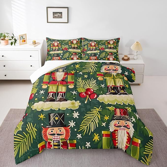 Christmas Cartoon Soldier Bedding Set Full Size,Christmas Leaves Snowflake Comforter Set for Kids Boys Girls Room Decor,Xmas Abstract Art Duvet Insert 3Pcs,Polka Dot Green Quilt Set,2 Pillowcases