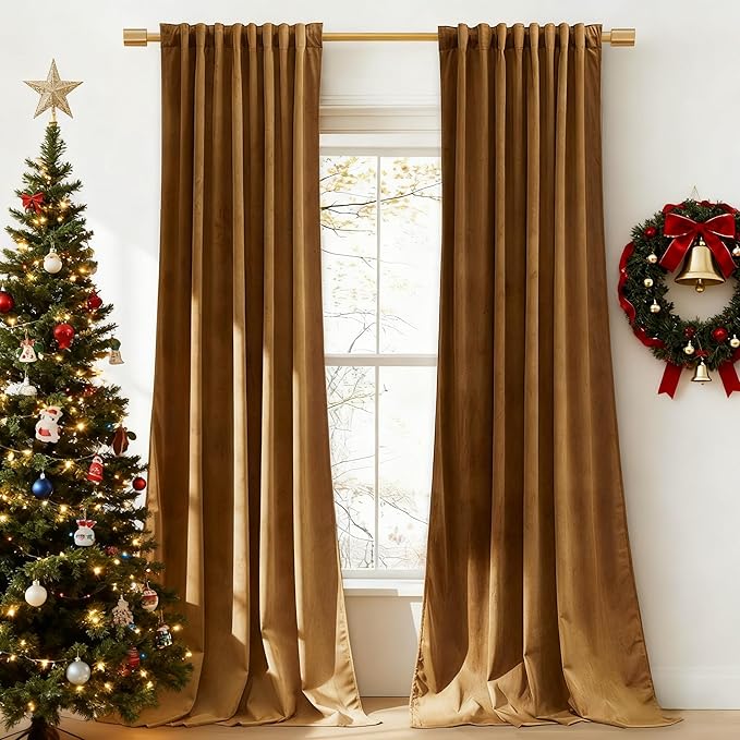StangH Gold Brown Curtains 92 inches Long Super Soft Velvet Room Darkening Thermal Insulated Window Drapes Back Tab Luxury Decor for Sliding Door Living Room, W52 x L92, 2 Panels