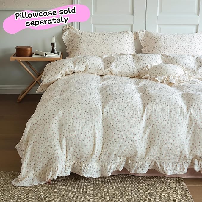 BuLuTu Double-Layer Cotton Muslin Duvet Cover Queen Size, Chic Shabby Princess Ruffled Quilt Cover 90"x90", Pink Floral Print Bedding Comforter Cover with Zipper, No Pillowcase