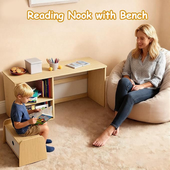 Kids Bookshelf with Bench, Toddler Table with Reading Nook, Montessori Shelf with Fabric Drawer, Toy Organizers and Storage for Kids Rooms, Nursery, Playroom, Bedroom, Natural