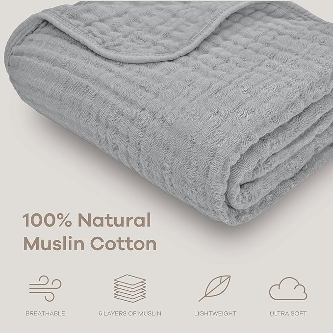 Comfy Cubs Muslin Baby Blanket - Soft, Lightweight, 6-Layer Cotton Swaddle Blankets for Newborns, Infants & Toddlers - 40" x 40" Large, Breathable & Versatile for Sleeping & Tummy Time - Heather Blue