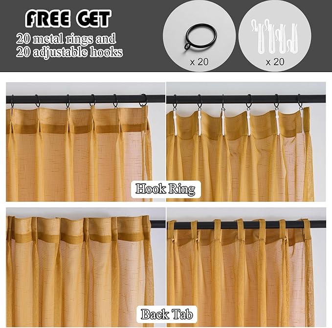 Mustard Gold Linen Look Pinch Pleated Sheer Curtains 90 Inches Long 2 Panels, 50 Inches Width, Rustic Textured Light Filtering Drapes, Vintage Yellow Window Curtain with Hooks