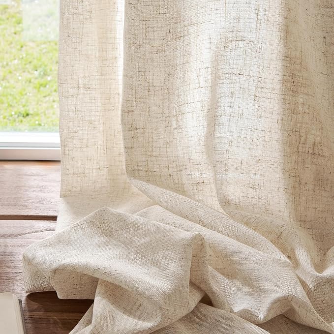 jinchan Beige Linen Blend Curtain 96 Inches Length 1 Panel for Sliding Door, Light Filtering 100 Inches Extra Wide Farmhouse Natural Drape with Rod Pocket Back Tab (100W x 96L, Ecru)