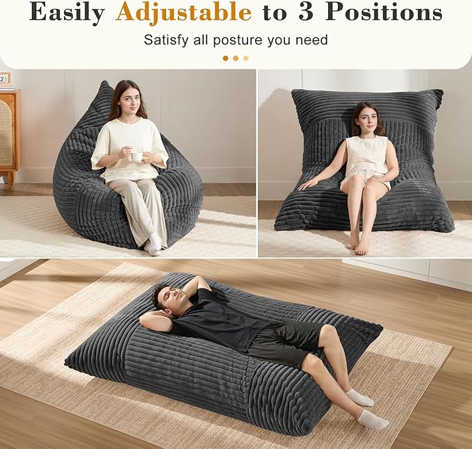 3-in-1 Giant Bean Bag Chair for Adults & Kid, Convertible Floor Sofa to Mattress, High-Density Foam Bean Bag Bed with Washable Cover, Multi Functional Lounge Couch for Bedroom, Living Room (Dark Grey)